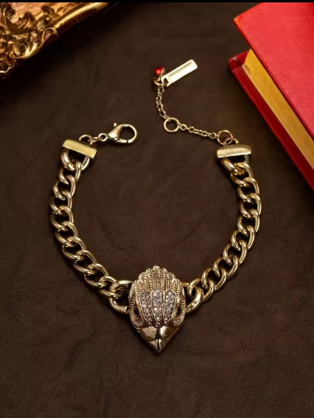 Kurt Geiger Gold-Tone Lion Head Chain Bracelet with Pavé Accents